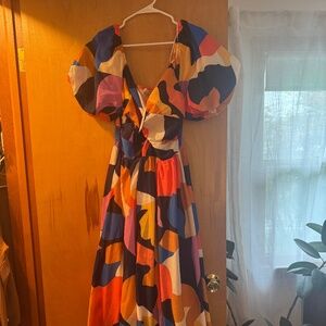 Baltic Born Multicolor Midi Dress with Puff Sleeves